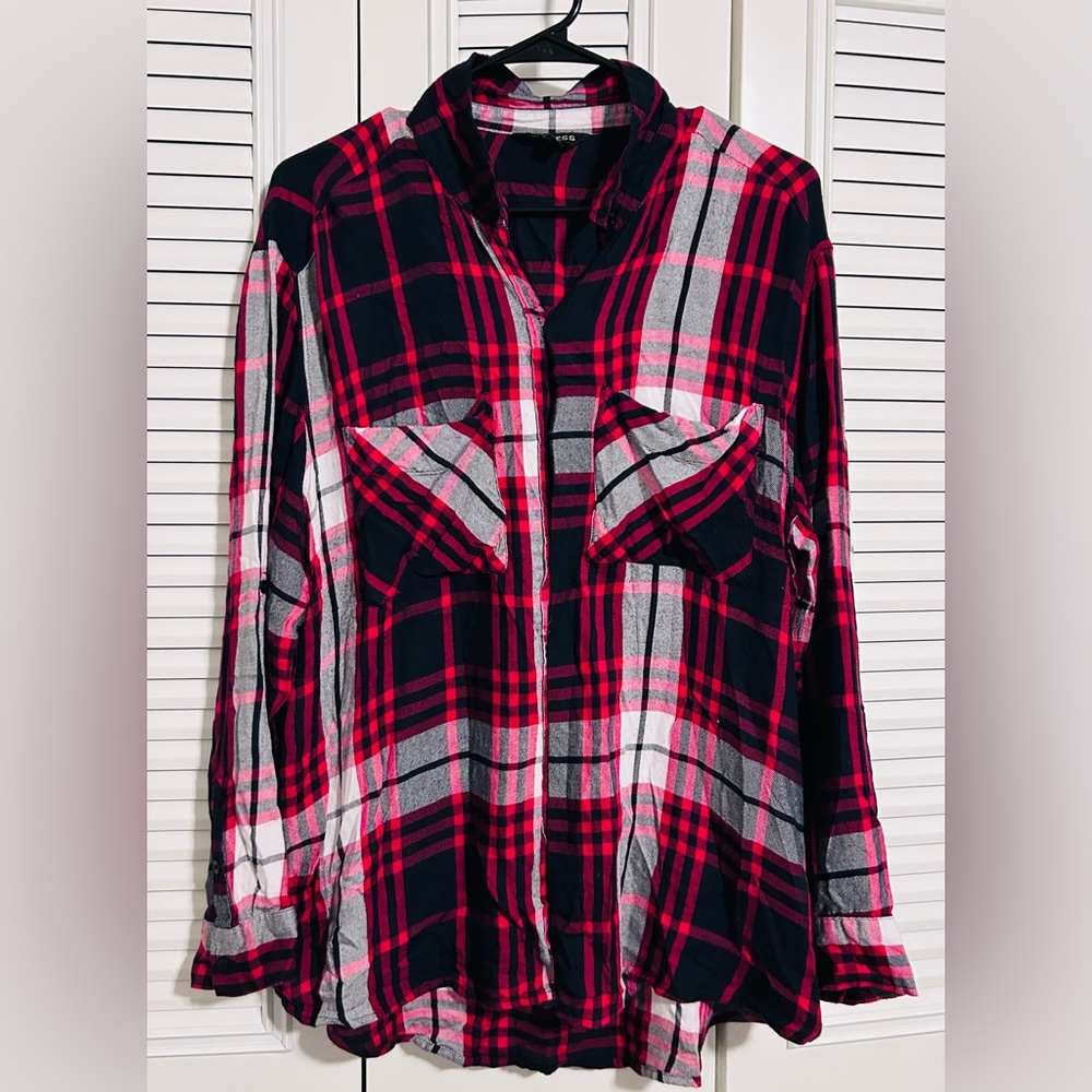 Express Womens Red Black White Shirt Plaid Button Down Long Sleeve Size L